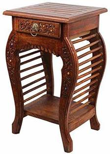 Unique Arts Shoppee Wooden Stool-Natural Wood Antique Look Side Table with Drawer Living & Bedroom Stool