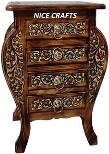 NICE CRAFTS Wooden Stool-Natural Wood Antique Look Side Table with 4 Drawer Stool