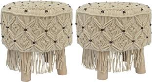 Macrame World Pack of 2 pcs Macrame Fringe Stool with Wooden Beads For indoor & Outdoor Living & Bedroom Stool
