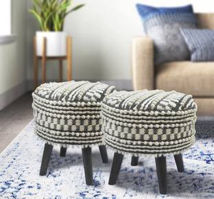 Macrame World Set Of 02 Pcs Handloom Woolen Puffy Modern Design Seating Footrest For Living & Bedroom Stool