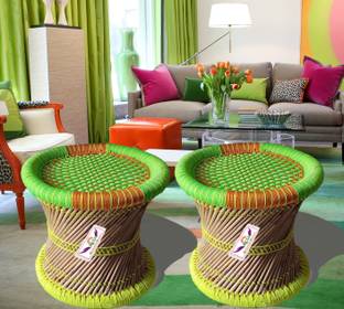 LV Handmade Handmade and Natural Bamboo Mudda Stool With Multicolor - 15X15 Inch- set of-2 Outdoor & Cafeteria Stool