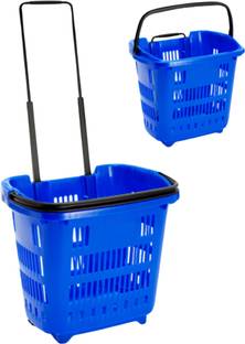 Singhal Plastic Plastic Rolling Blue Shopping Basket with Handle for Supermarket with Wheels Storage Basket