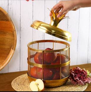 DECORSCAVE Iron Pineapple Paradise Fruit Basket Rust Resistance with Elegant Finish Golden Storage Basket