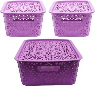 Cutting EDGE Plastic Small Turkish Basket | With Lid | Sturdy and Break-Resistant | for storing Toiletries Beauty Products School Supplies Fruits Vegetables Set of 3 | (1 x Medium with Lid [6L] | 2 x Small with Lid [2.5L]) | Purple Storage Basket