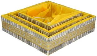 LINE 'N' CURVES Wooden Handmade Wooden Square Hamper Basket with Yellow Net Cover Empty Basket Set Of 3 Storage Basket