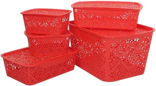 Cutting EDGE Plastic 1 Large + 2 Medium + 2 Small Turkish Basket for Kitchen | Vegetables | Toys | Books | Office | Stationery | Utility | Cosmetics | Accessories | Closet | Wardrobe | Red (with Lid, 1Large + 2Medium + 2Small) Storage Basket