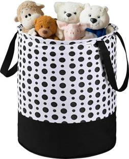 HOMESTIC Cotton Polka Dots Foldable 45L Toys Organizer for Kids Room | Black & White Storage Basket