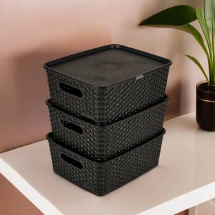 HOMESTIC Plastic 3 Pcs Multipurpose Plastic Storage Box with Lid | H3-Black Storage Basket