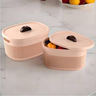 HOMESTIC Plastic Unbreakable Small Multipurpose Storage Baskets with lid|Beige|Pack of 2 Storage Basket