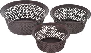 HOMESTIC Plastic Multipurposes Round Plastic Basket, Organizer For Kitchen Set of 3 (Brown) Storage Basket