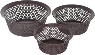 HOMESTIC Plastic Plastic Storage Basket for Kitchen|Cabinet|Bathroom|Set of 3|Brown Storage Basket
