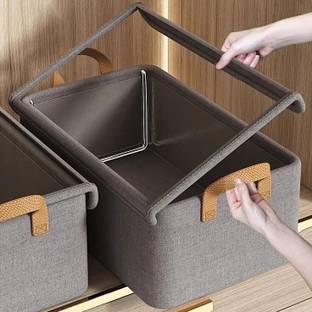 QCEN Polyester, Stainless Steel 26L Folding Storage Box with Cover Lid Drawer – Foldable Non-Woven Clothes Storage Basket