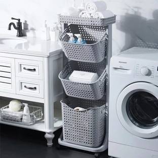 AJAAQI Plastic Premium Laundry 4 Layer Grey Colour Trolley/ Basket with Wheels Cloth Storage Basket