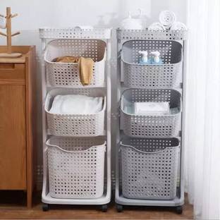 AJAAQI Plastic Premium Laundry 4 Layer Grey Colour Trolley/ Basket with Wheels Cloth Storage Basket