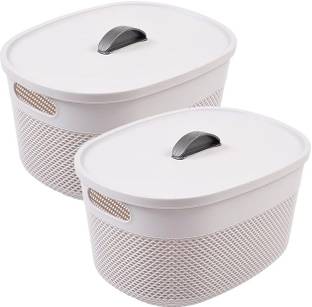HOMESTIC Plastic Medium Storage Baskets with lid|Design-Netted|Color-Grey|Pack of 2 Storage Basket