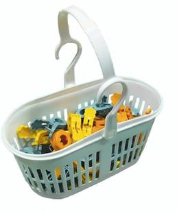 signy international Plastic Cloth Clips With Basket - Multipurpose Clothes Pins for Indoor and Outdoor Use Storage Basket