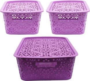 Cutting EDGE Plastic Small Turkish Basket | With Lid | Sturdy and Break-Resistant | for storing Toiletries Beauty Products School Supplies Fruits Vegetables Set of 3 | (1 x Medium with Lid [6L] | 2 x Small with Lid [2.5L]) | Purple Storage Basket