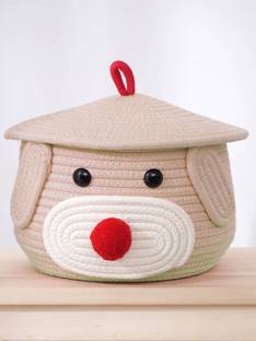 vyom creation Jute, Cotton Beige Cute Bear Woven Basket with Cap Storage Basket