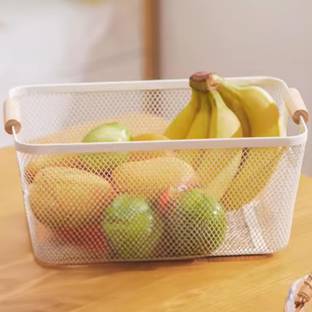 The Better Home Carbon Steel Metal Mesh basket for storage with wooden handle | 440gm Multipurpose White Storage Basket
