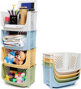 ALCY 4 Pcs Storage Basket Plastic Bins with Wheels & Front Opening - Containers PP Collapsible Wardrobe