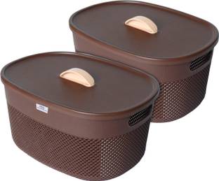 Heart Home Plastic Unbreakable Large Storage Baskets with lid|Shape-Oval|Color-Brown|Pack of 2 Storage Basket