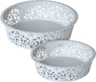 KUBER INDUSTRIES Plastic Leaf Design Multipurpose Round Shape Basket , Large Pack of 2 (Grey) Storage Basket