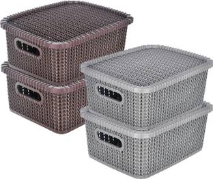 KUBER INDUSTRIES Plastic Multiuses Large M 20 Plastic Basket/Organizer With Lid- Pack of 4 (Grey & Brown) Storage Basket