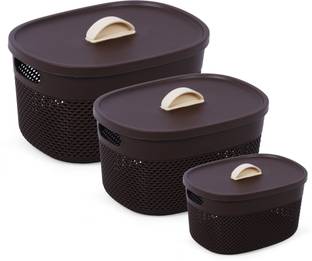 Nabhya Plastic 3 Pc Set Of Multipurpose Storage Basket Organizer With Lids (Pack Of 3) Storage Basket