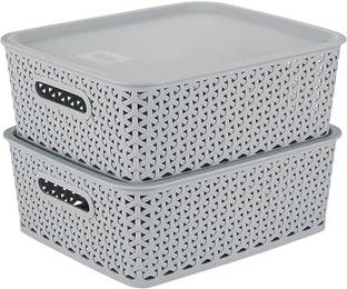 KOLORR Plastic Premium Elite Baskets Medium with 2 Lids - Daiso Grey Storage Basket