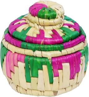 JANMESH ENTERPRISES Wooden Handmade Moonj Craft Wood Chevron Grass Dish Round Fruit Basket with Lid Storage Basket