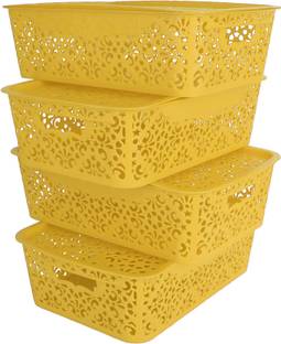 Cutting EDGE Polypropylene Medium Turkish Baskets Medium with Lid for Kitchen, Vegetables, Toys, Books, Office, Stationery, Utility, Cosmetics, Accessories, Closet, Wardrobe - Yellow, Set of 4 Storage Basket