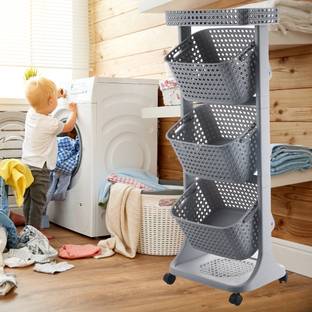 AJAAQI Plastic Premium Laundry 4 Layer Grey Colour Trolley/ Basket with Wheels Cloth Storage Basket