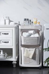 AJAAQI Plastic Laundry Trolley 3 Layers Basket with Wheel (White Colour) Rolling Laundry Storage Basket