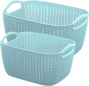 KUBER INDUSTRIES Plastic Q-5,6 Unbreakable Plastic 2 Pieces Multipurpose Large & Medium Size Flexible Storage Baskets/Fruit Vegetable Bathroom Stationary Home Basket with Handles (Light Blue) Storage Basket