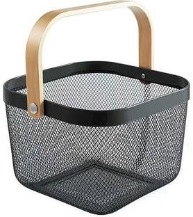 Pixelcart Brass Metal Wire Basket With Handle Storage Basket