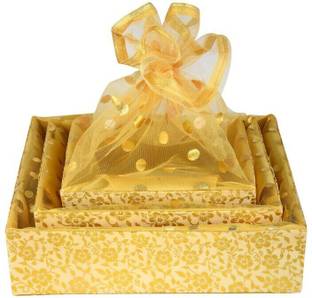 LINE 'N' CURVES Wooden 3 Set Royal Wedding Gift Baskets, Hamper Baskets, Decorative Square Empty Basket Storage Basket