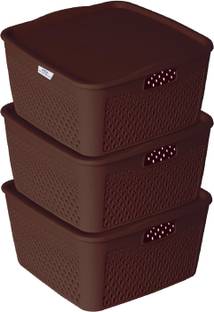 Heart Home Plastic Netted Design|Square Shape PlasticStorage Baskets with lid Medium Packof 3(Brown Storage Basket