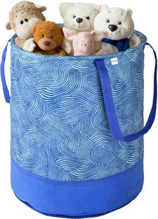 HOMESTIC Cotton Wavy Pattern Foldable 45L Toys Organizer for Kids Room | Blue Storage Basket