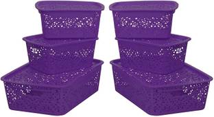 Cutting EDGE Plastic Storage Basket Organiser For Closet | Wardrobe | Kitchen | Vegetables | Toys | Books | Office | Stationery | Utility | Cosmetics | Accessories Baskets With Lid (Purple) (2Xmedium, 4Xsmall) (Pack Of 6) Storage Basket