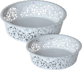 Heart Home Plastic Leaf Design Round Shape Basket , Toys Small & Large Pack of 2 (Grey) Storage Basket