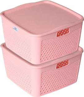 Heart Home Plastic Netted Design|Square Shape Plastic Storage Baskets with lid Medium Packof 2(Pink Storage Basket