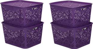 Cutting EDGE Polypropylene Large Turkish Basket, Purple (14.5 CM x 13.5 CM x 9 CM) For Closet | Wardrobe | Kitchen | Vegetables | Toys | Books | Office | Stationery | Utility | Cosmetics | Accessories Storage Basket With Lid (Pack Of 4) Storage Basket