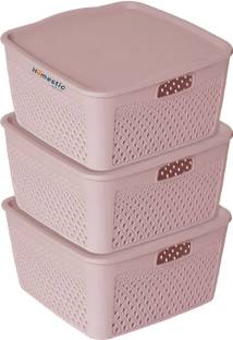 HOMESTIC Plastic Square Shape Plastic Storage Baskets with lid Small Pack of 3 (Grey) Storage Basket