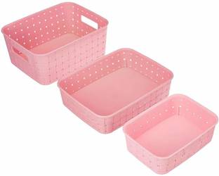 VMART Plastic Smart Baskets for Storage Set of 3 Pieces, Pink Storage Basket (Pack of 3) Storage Basket