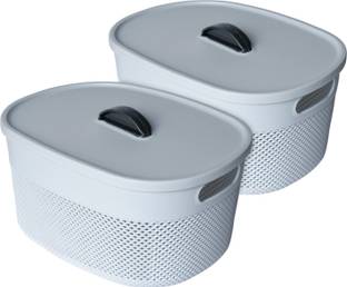 KUBER INDUSTRIES Plastic Unbreakable Small StorageBaskets with lid|Design-Netted|Shape-Oval|Grey|Packof 2 Storage Basket