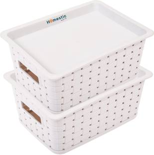 HOMESTIC Plastic BPA Free Multipurpose Small Trendy Storage Basket With Lid|Gray|Pack of 2 Storage Basket