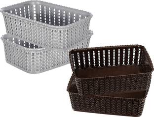 KUBER INDUSTRIES Plastic Multiuses Small M 15 Plastic Tray/Basket Without Lid- Pack of 4 (Grey & Brown) Storage Basket