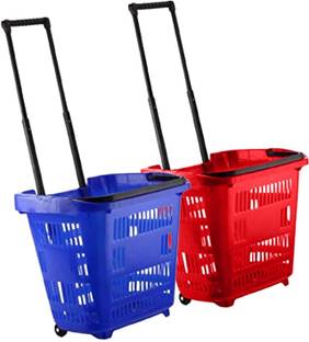 mahira Plastic Shopping Trolley with Handle 31 LTR - Combo Blue & Red Color 46x34.6x40 CM Storage Basket