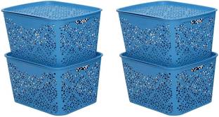 Cutting EDGE Polypropylene Large Turkish Basket For Closet | Wardrobe | Kitchen | Vegetables | Toys | Books | Office | Stationery | Utility | Cosmetics | Accessories Storage Basket With Lid (Blue) (14.5 CM x 13.5 CM x 9 CM) (Pack Of 4, Large) Storage Basket