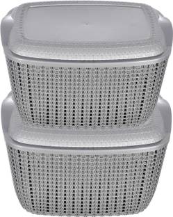 Heart Home Plastic Multipurposes Large M 30 Plastic Basket, Organizer With Lids- Pack of 2 (Grey) Storage Basket